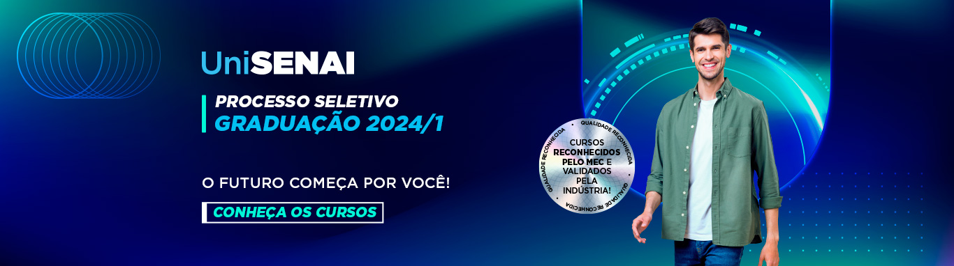 Clique aqui e conheça os cursos de Graduação do UniSENAI! Ensino Superior nas áreas de Moda, Tecnologia da Informação, Mecânica, Mecatrônica, Alimentos, e muito mais. Ao finalizar sua inscrição, você concorre a bolsas de 30% OFF. Todos os cursos são reconhecidos pelo MEC e validados pela indústria. Aproveite esta oportunidade e decole sua carreira! As aulas começam em fevereiro.